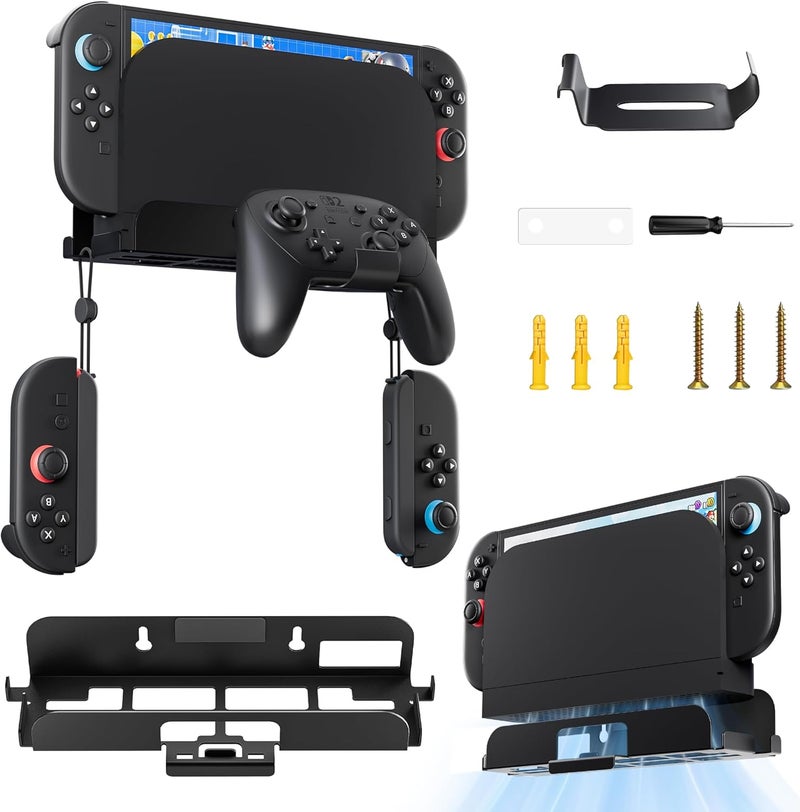 GLDRAM Wall Mount Stand for Nintendo Switch 2/NS/OLED, Metal Wall Mount Suspension Holder Shelf with Hanging Hoods Storage Brackets for Joncon & Pro Controller Accessories - Safely Near or Behind TV - Image 1